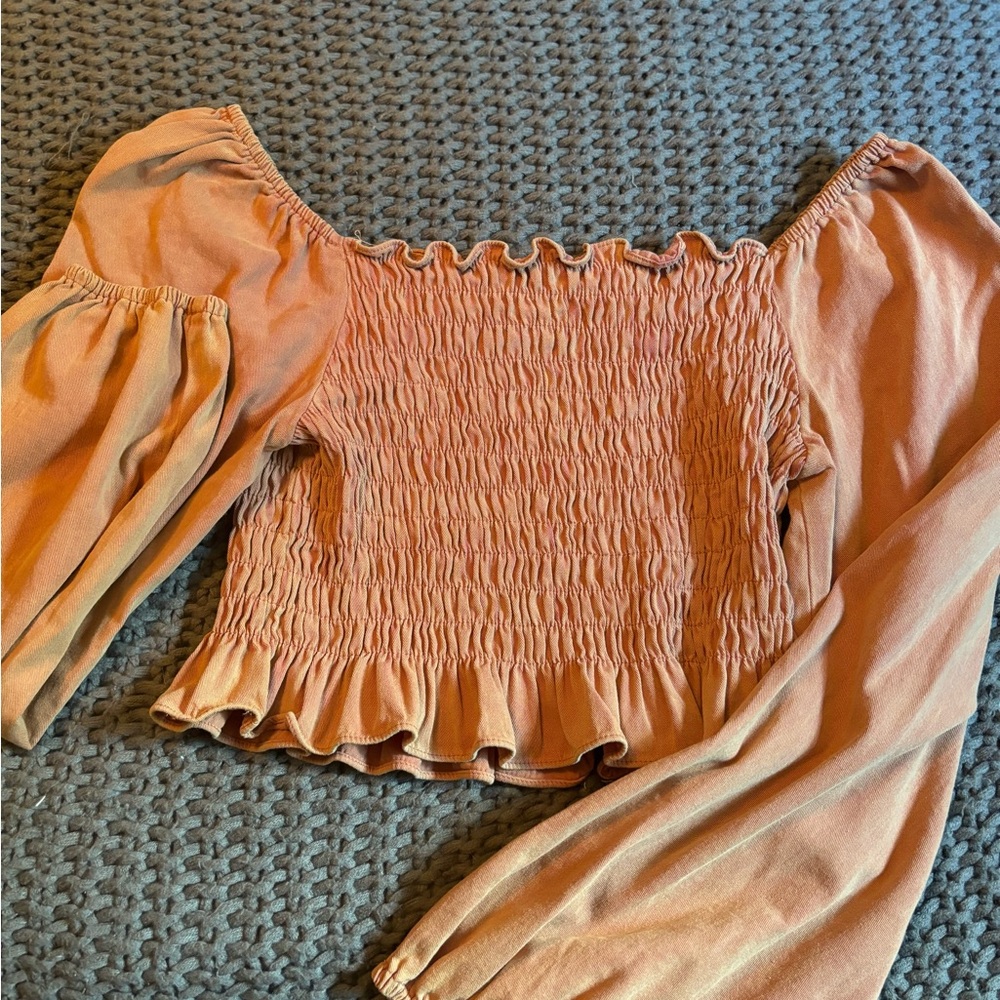 POL Smocked Coral Off-Shoulder Blouse